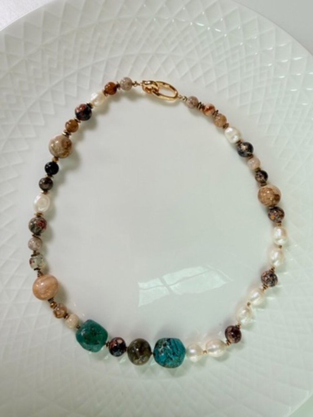 One of a Kind Turquoise Pearl Natural Stone Necklace - Picture 2 of 13